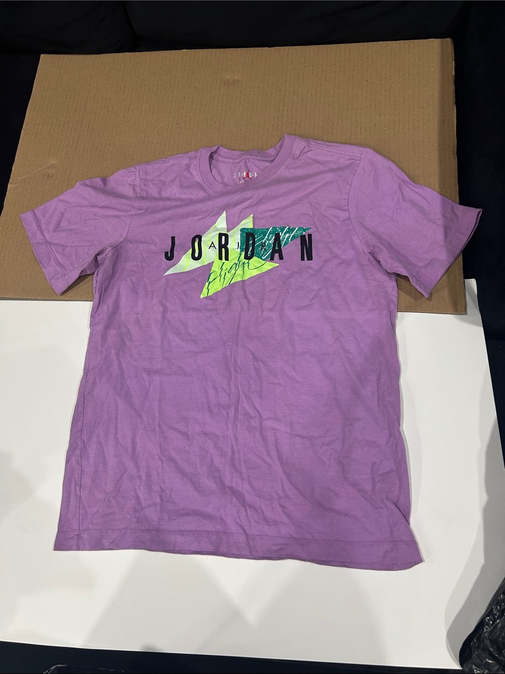 Jordan Menโs Lavender Short Sleeve Graphic Tee with Neon Accents